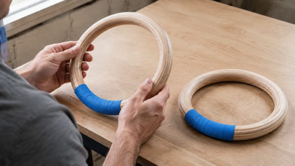 PACEARTH wooden rings with blue grip tape being inspected