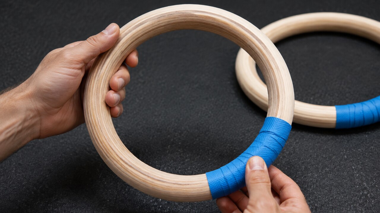 Close view of PACEARTH wooden rings and blue grip tape