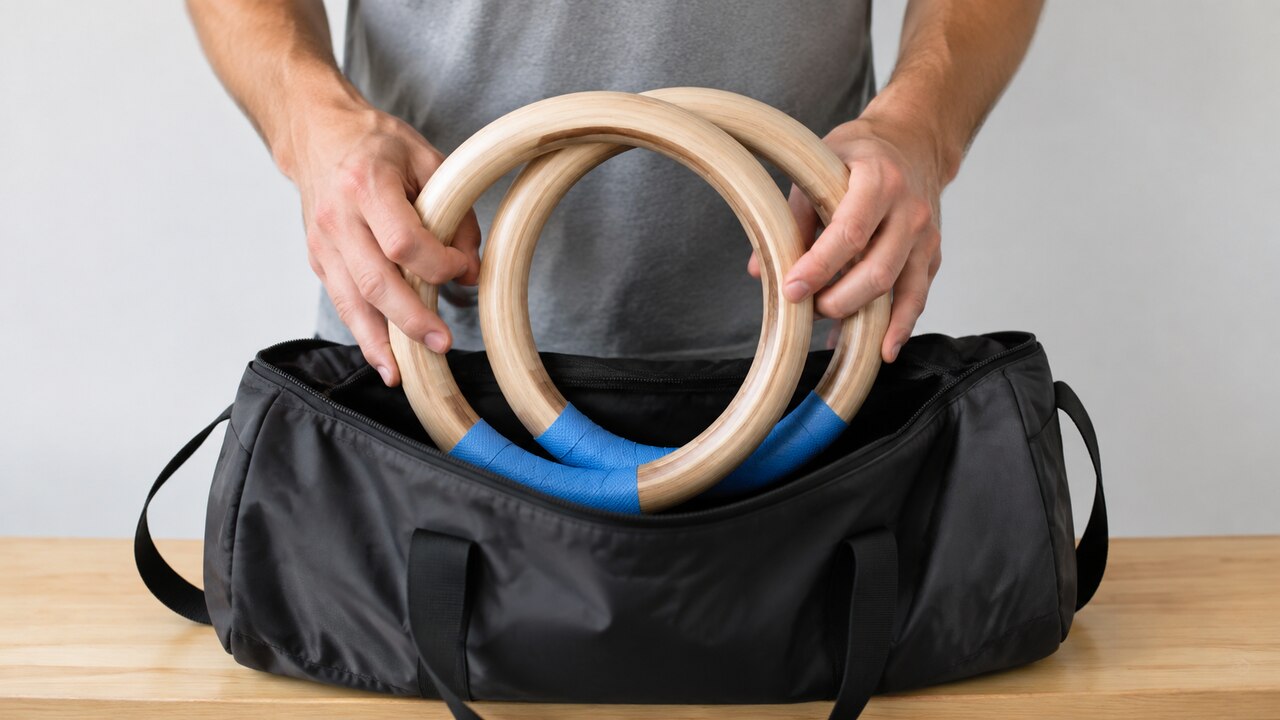 PACEARTH wooden rings being placed in a gym bag