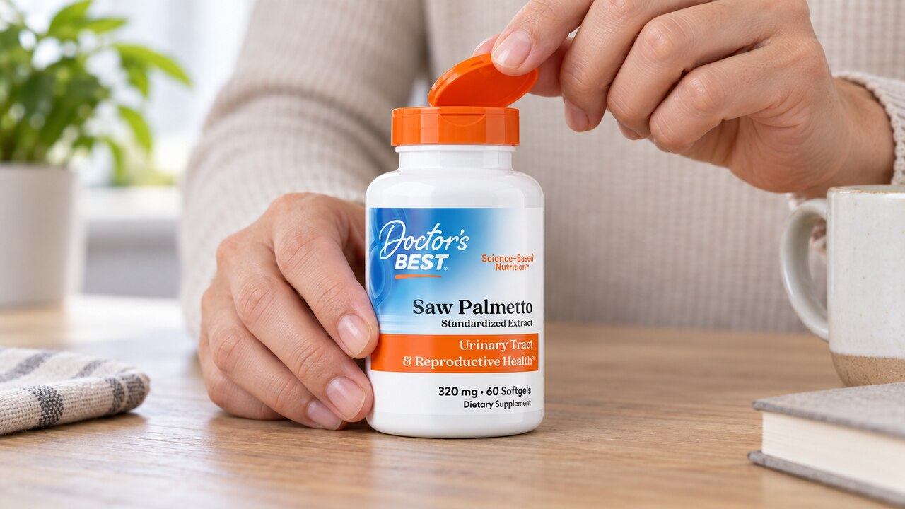 Hands opening a Doctor's Best saw palmetto bottle