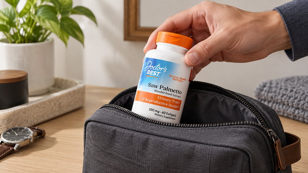 Doctor's Best saw palmetto bottle placed in a travel bag