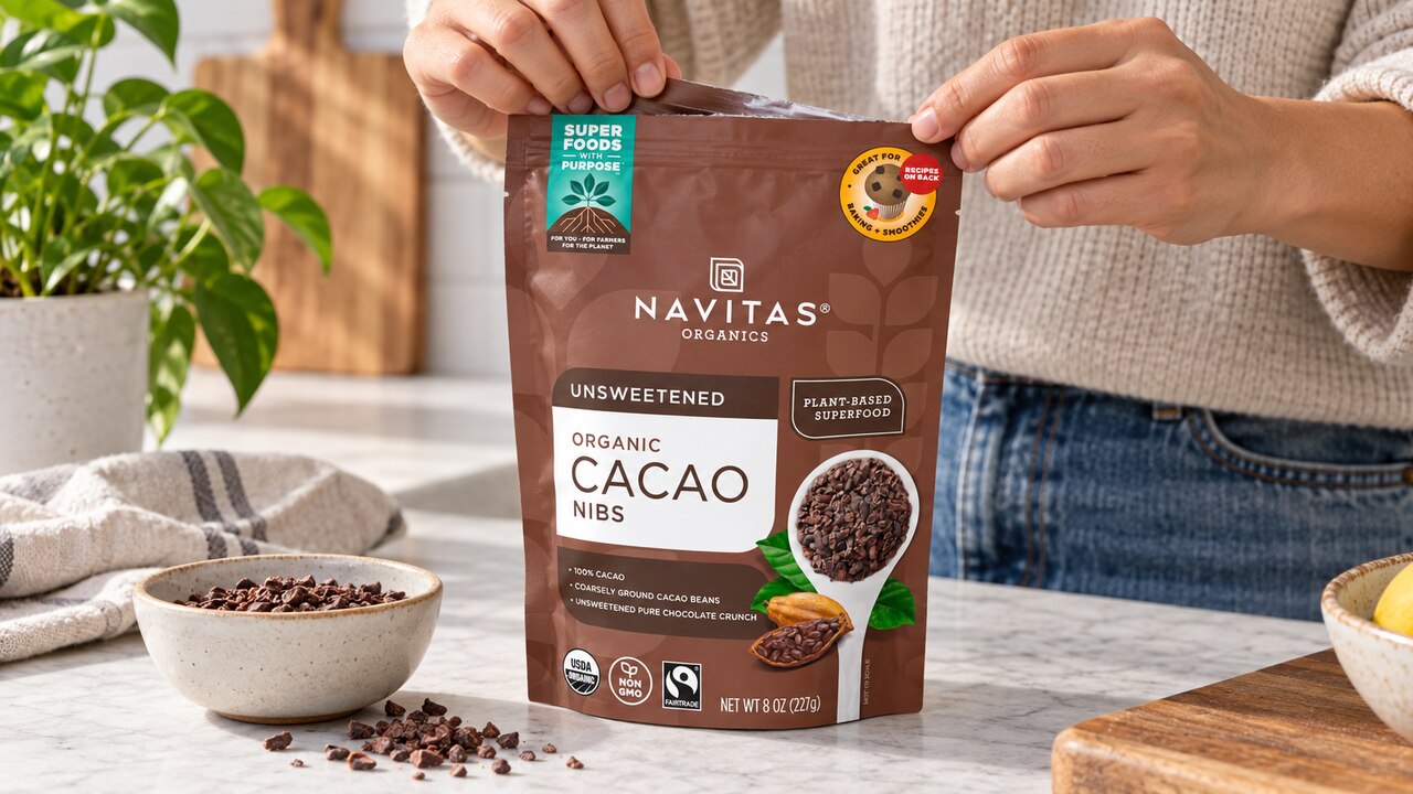 Hands opening a Navitas Organics cacao nibs bag on a kitchen counter