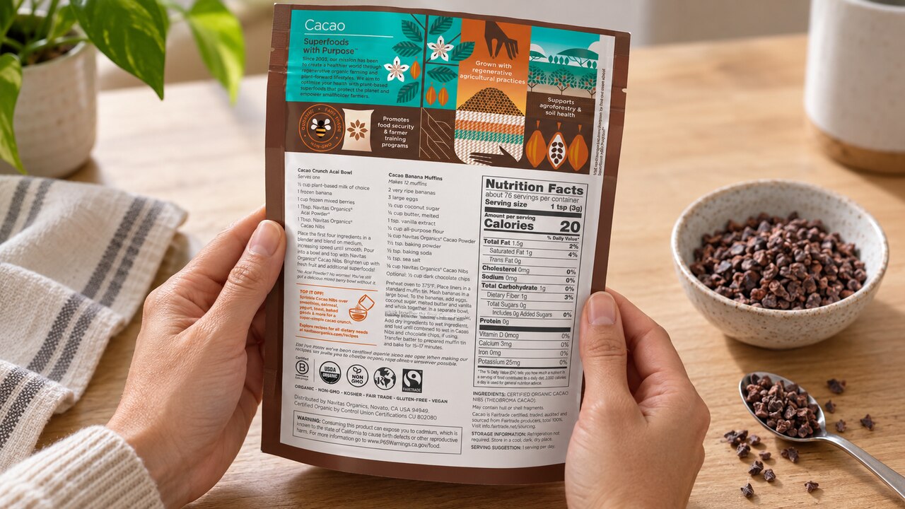 Navitas Organics cacao nibs bag held upright with the label visible