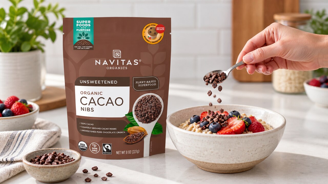 Cacao nibs being spooned onto a berry bowl beside the Navitas bag