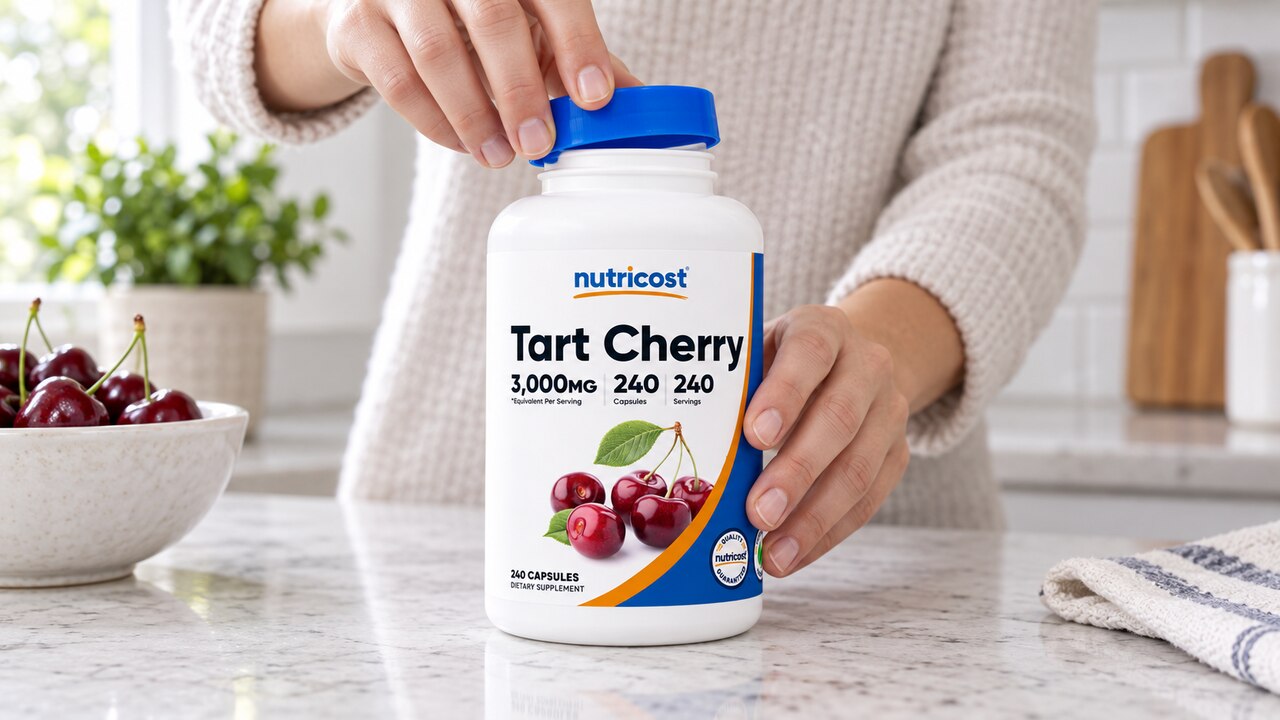 Hands opening a Nutricost Tart Cherry bottle on a kitchen counter