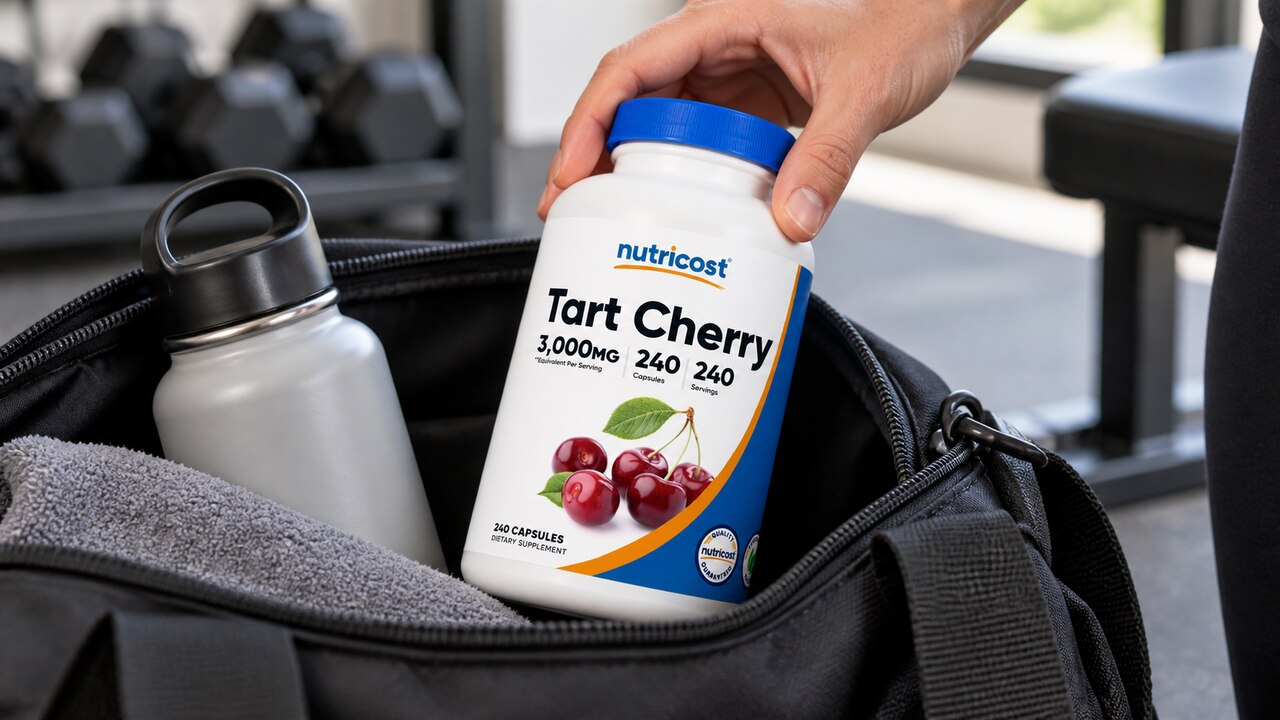 Nutricost Tart Cherry bottle placed in a gym bag