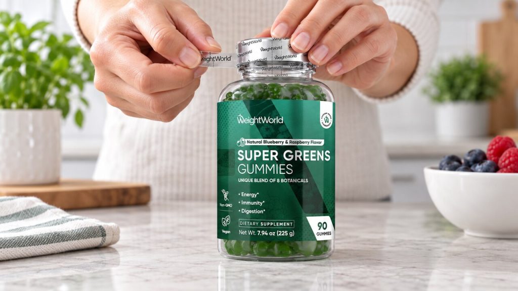 Hands opening a WeightWorld Super Greens Gummies bottle