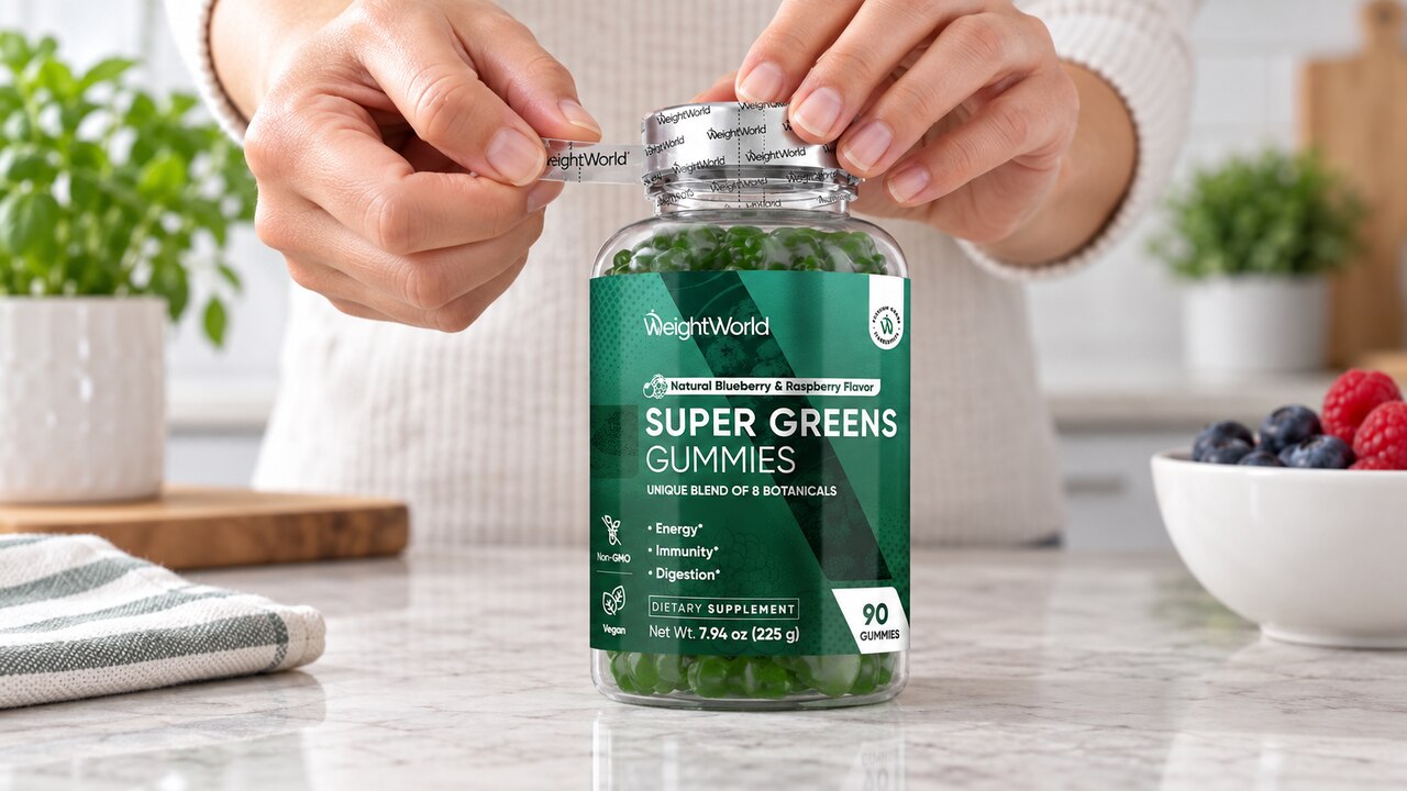 Hands opening a WeightWorld Super Greens Gummies bottle