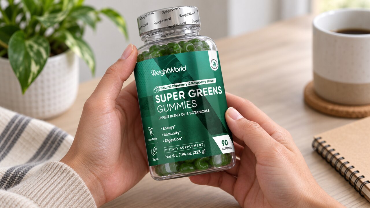 WeightWorld Super Greens Gummies bottle held upright with the label visible