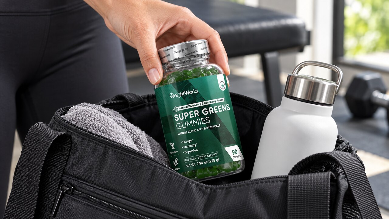 WeightWorld Super Greens Gummies bottle placed in a gym bag