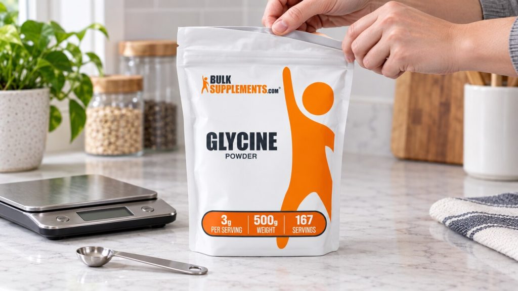 BulkSupplements Glycine Powder 500 g pouch beside a scale and teaspoon