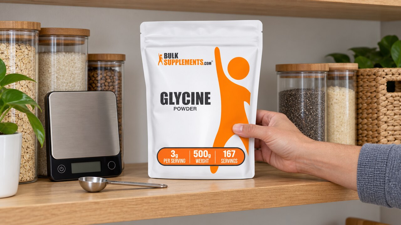 BulkSupplements Glycine pouch stored on a dry pantry shelf