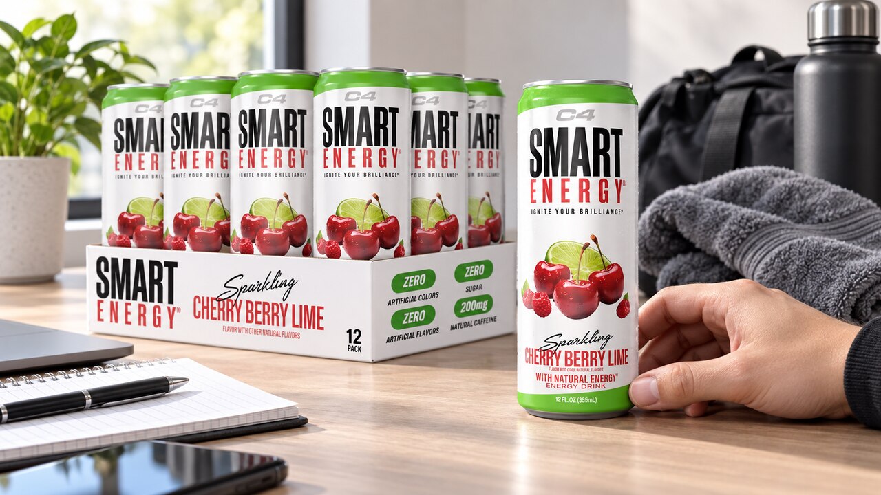 C4 Smart Energy Cherry Berry Lime 12-pack and can on a desk
