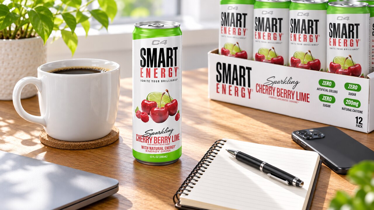C4 Smart Energy can beside coffee and a notebook