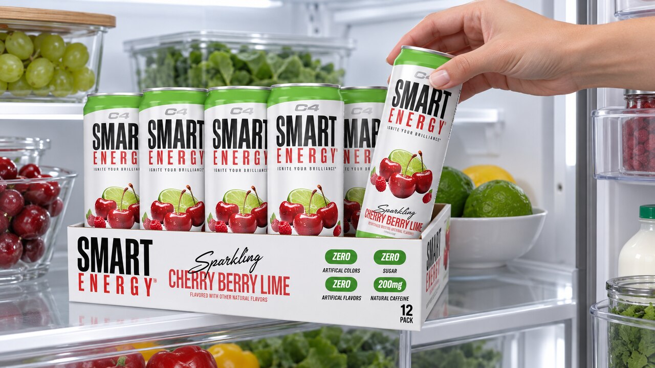 C4 Smart Energy Cherry Berry Lime cans in a refrigerator