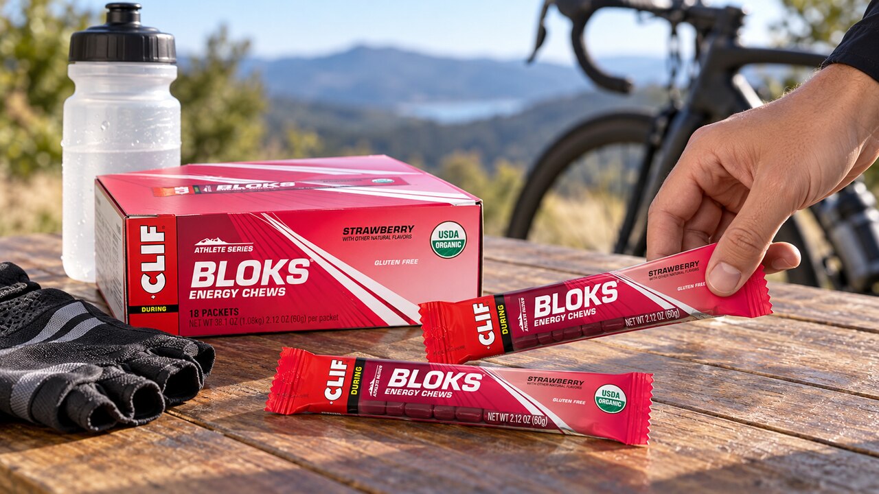 CLIF BLOKS Strawberry 18-pack and sealed packets beside cycling gear