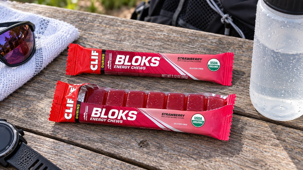 Open CLIF BLOKS Strawberry packet showing six chews