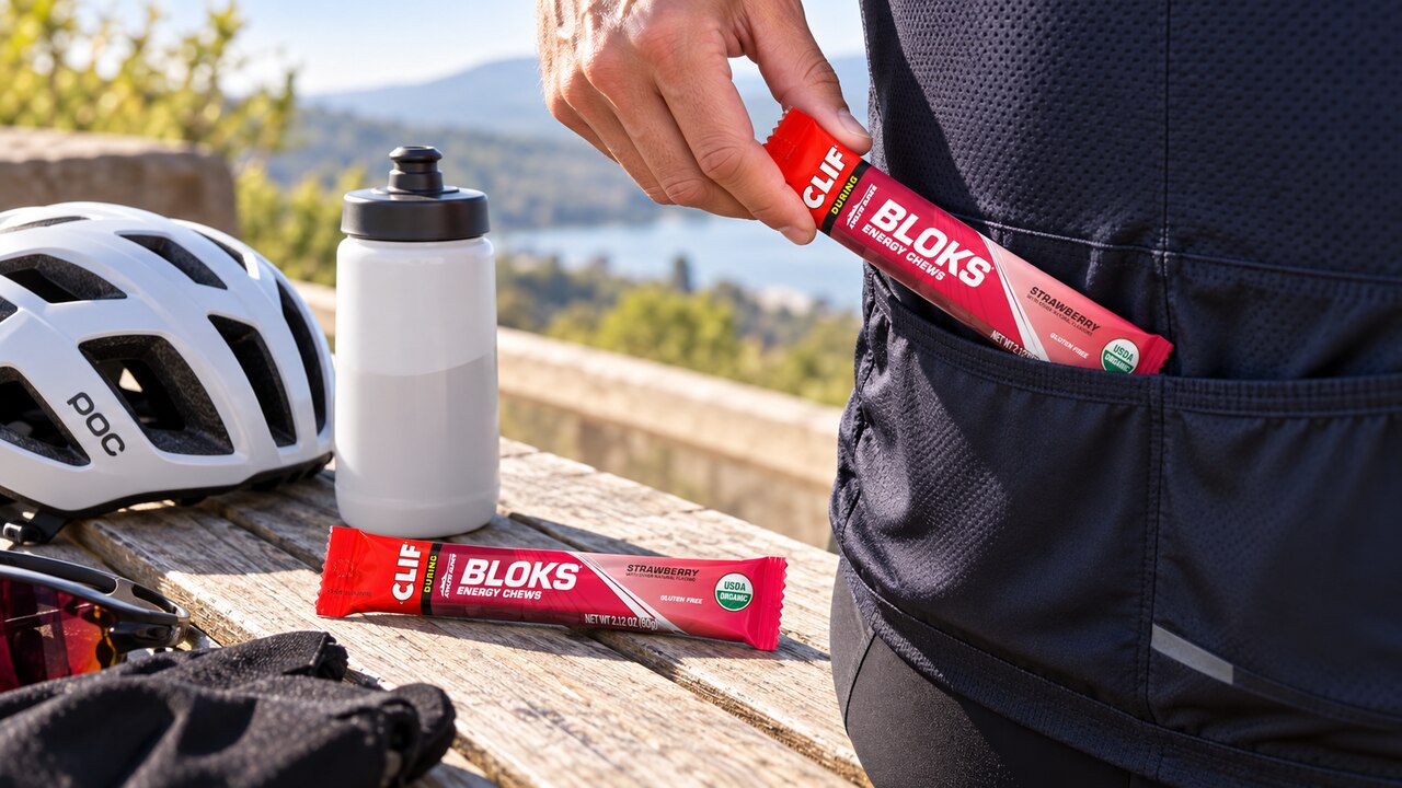 CLIF BLOKS Strawberry packet being placed in a cycling jersey pocket