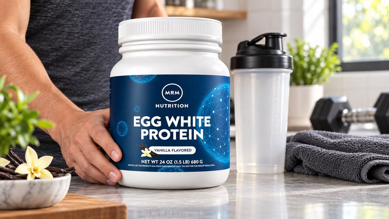 MRM Egg White Protein Vanilla 24 oz tub beside a shaker