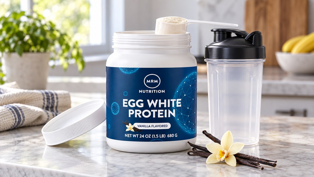 Open MRM Egg White Protein Vanilla tub with scoop and empty shaker