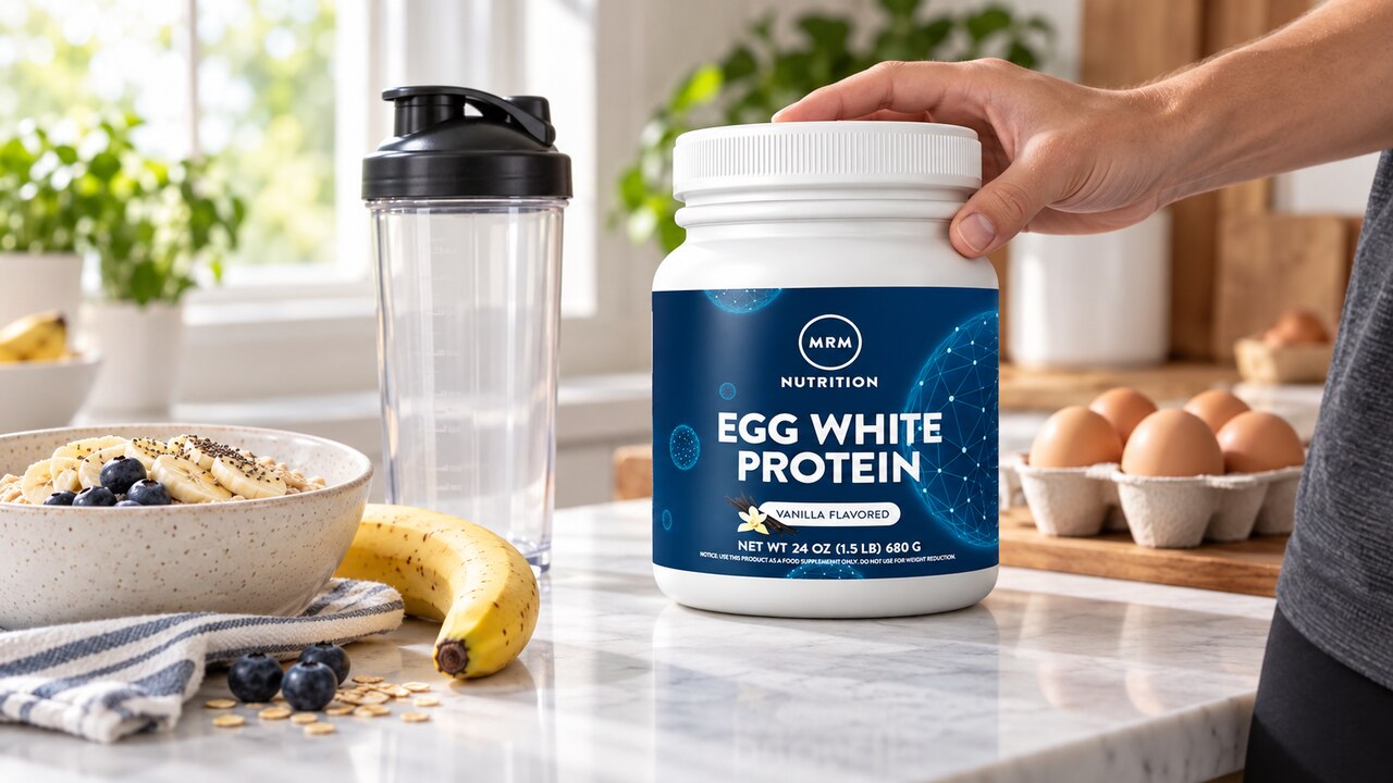 MRM Egg White Protein tub beside breakfast foods and an empty shaker