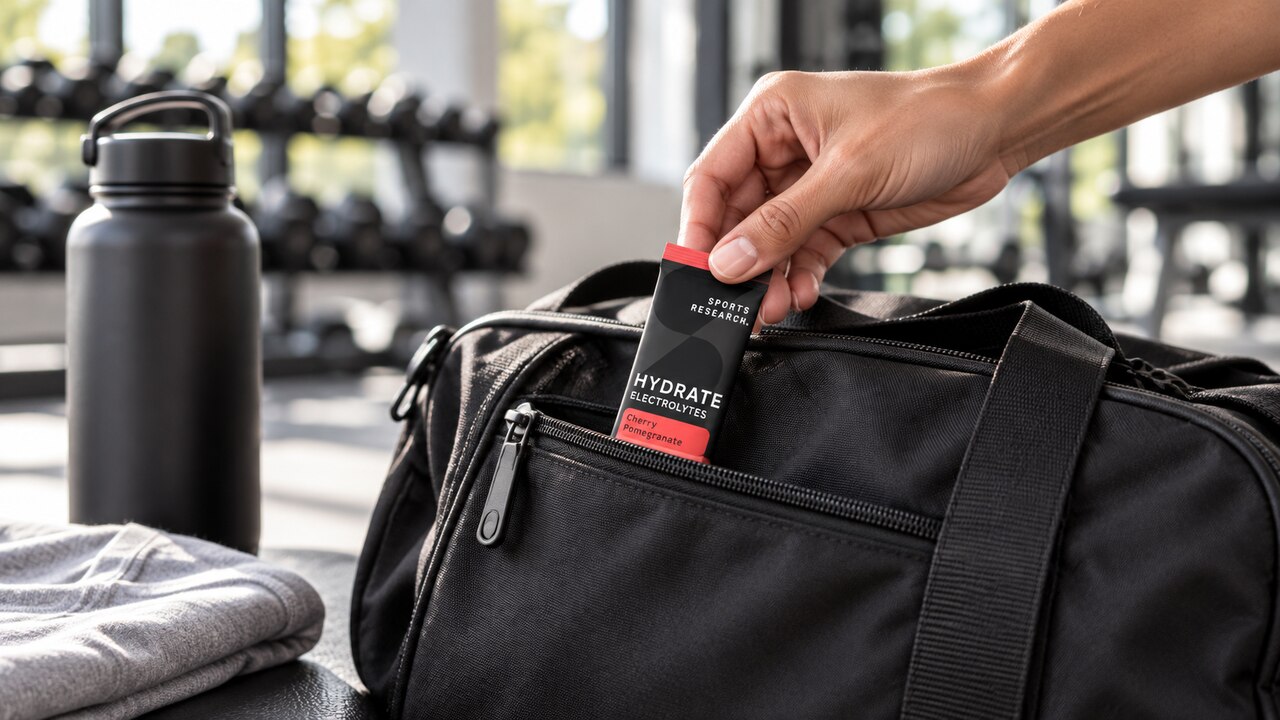Sports Research Hydrate packet being placed in a gym bag