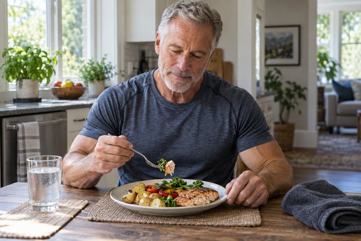Fit older man eating a protein-rich meal after strength training