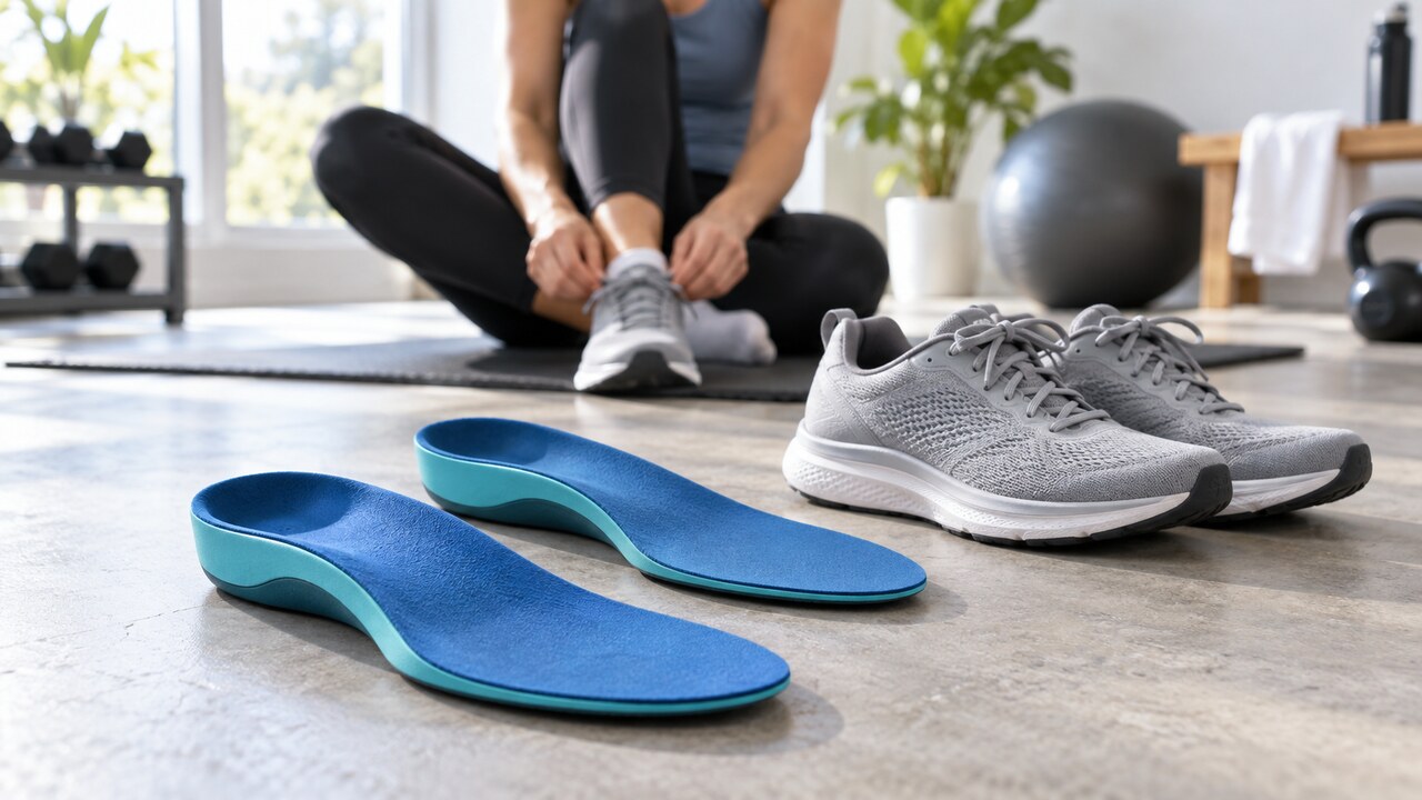Supportive full-length insoles beside running shoes
