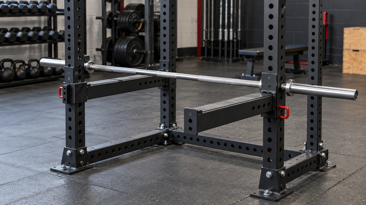 Barbell resting on spotter arms attached to a power rack