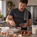 Muscular man preparing a protein meal after an early strength workout