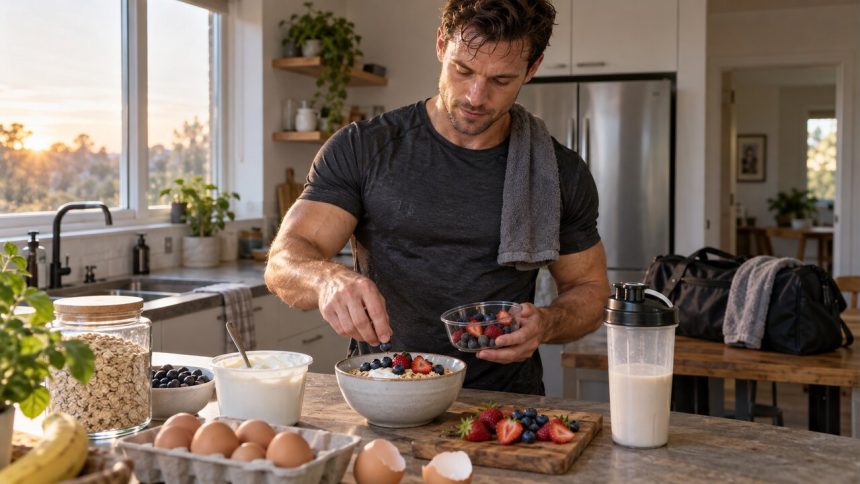Muscular man preparing a protein meal after an early strength workout