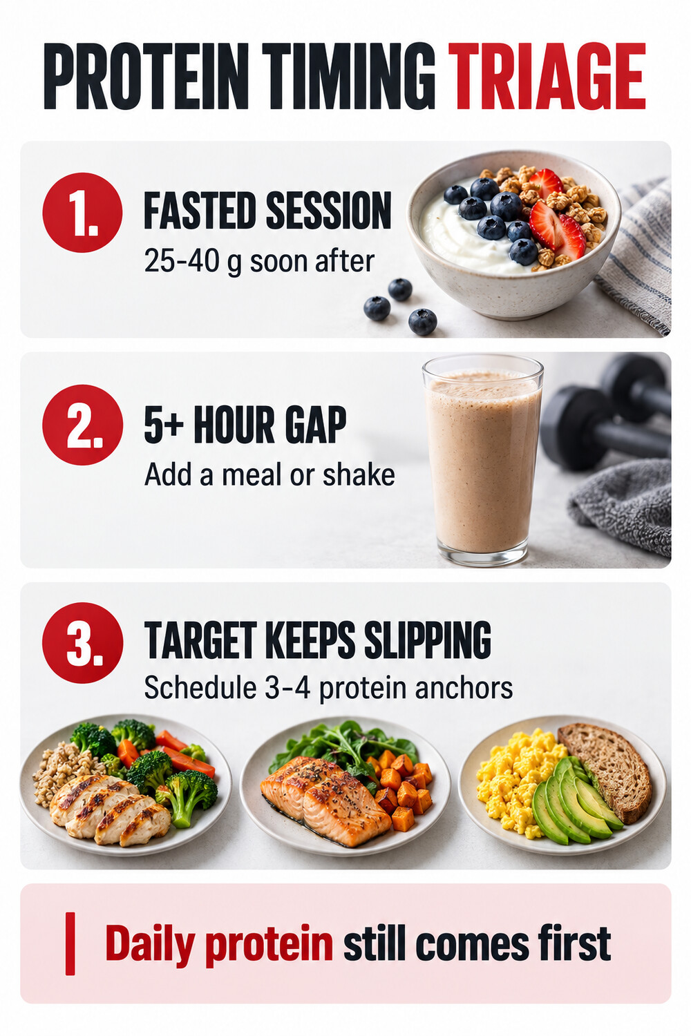 Protein timing triage showing when fasted training, long meal gaps, and missed targets make timing useful