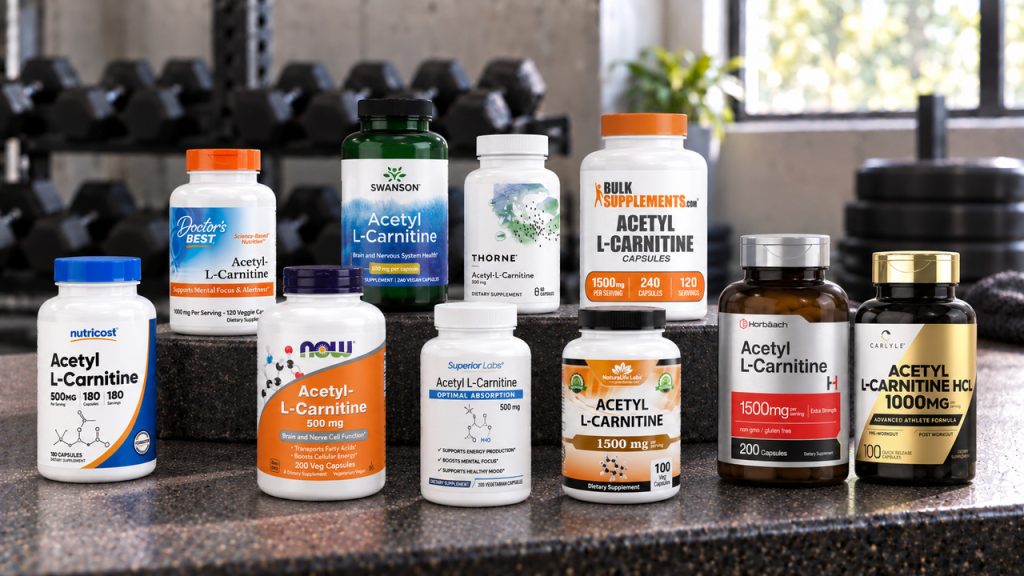 Ten acetyl-l-carnitine supplements arranged on a gym bench