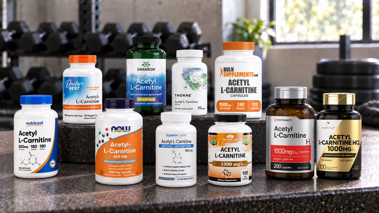 Ten acetyl-l-carnitine supplements arranged on a gym bench