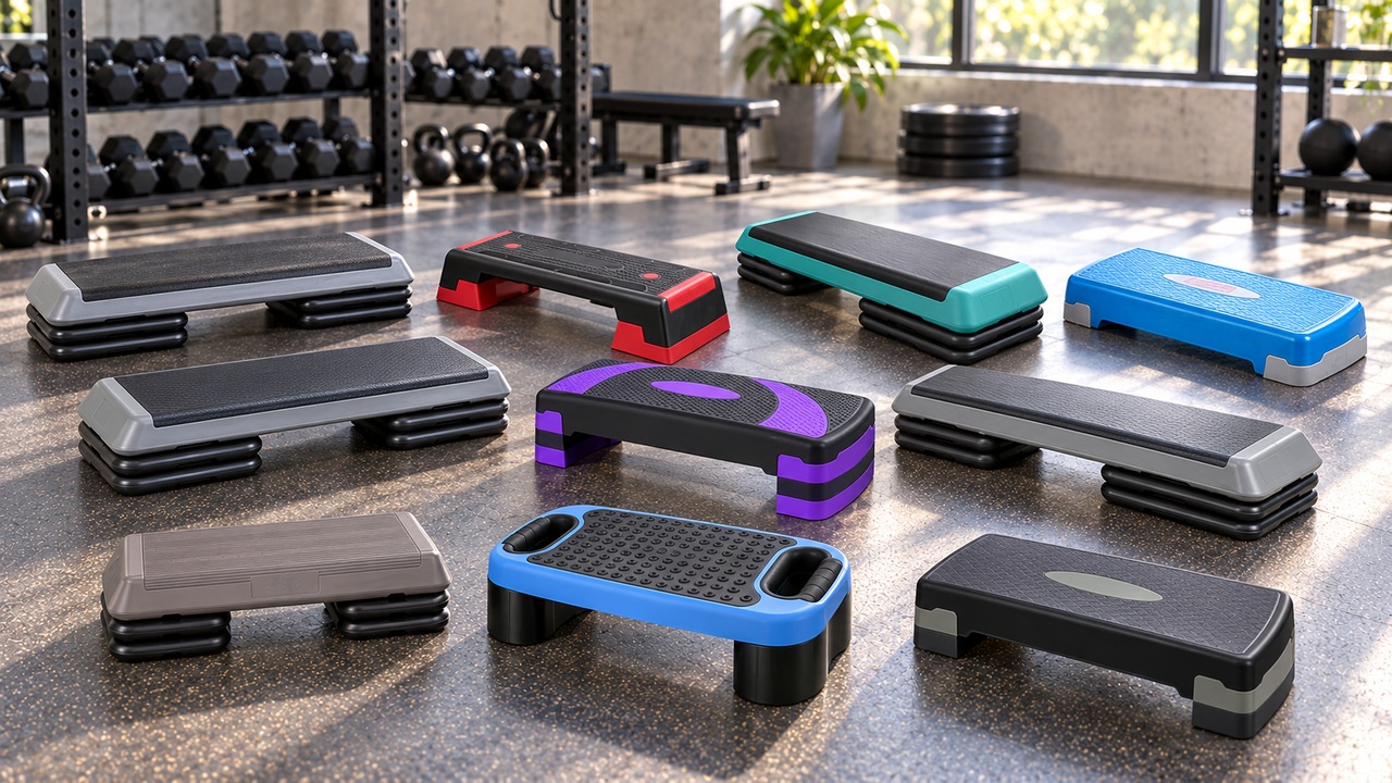 Ten selected aerobic step platforms and their matching risers arranged on a gym floor with brand details visible