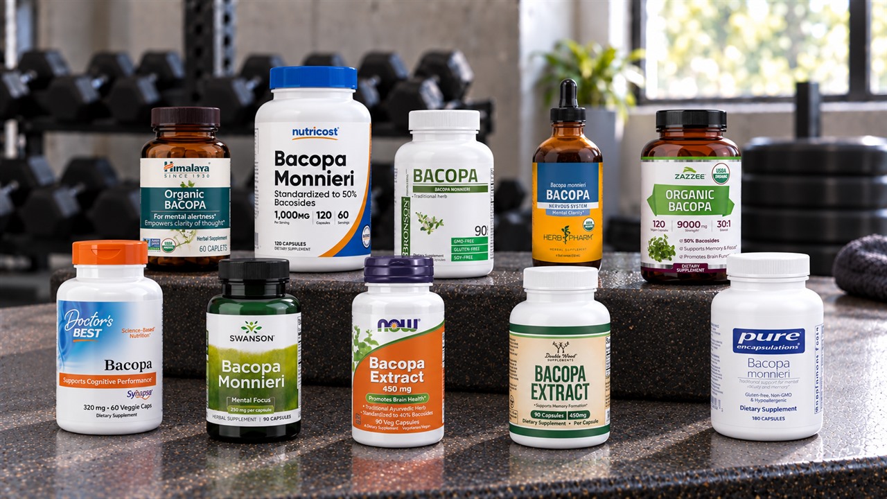 Ten Bacopa supplement bottles arranged on a metal workout bench.