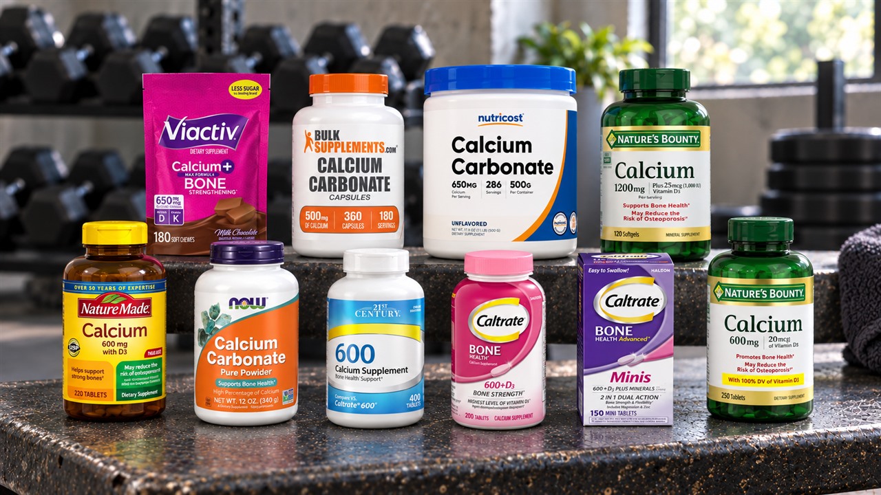 Ten calcium carbonate supplement packages arranged on a metal workout bench.