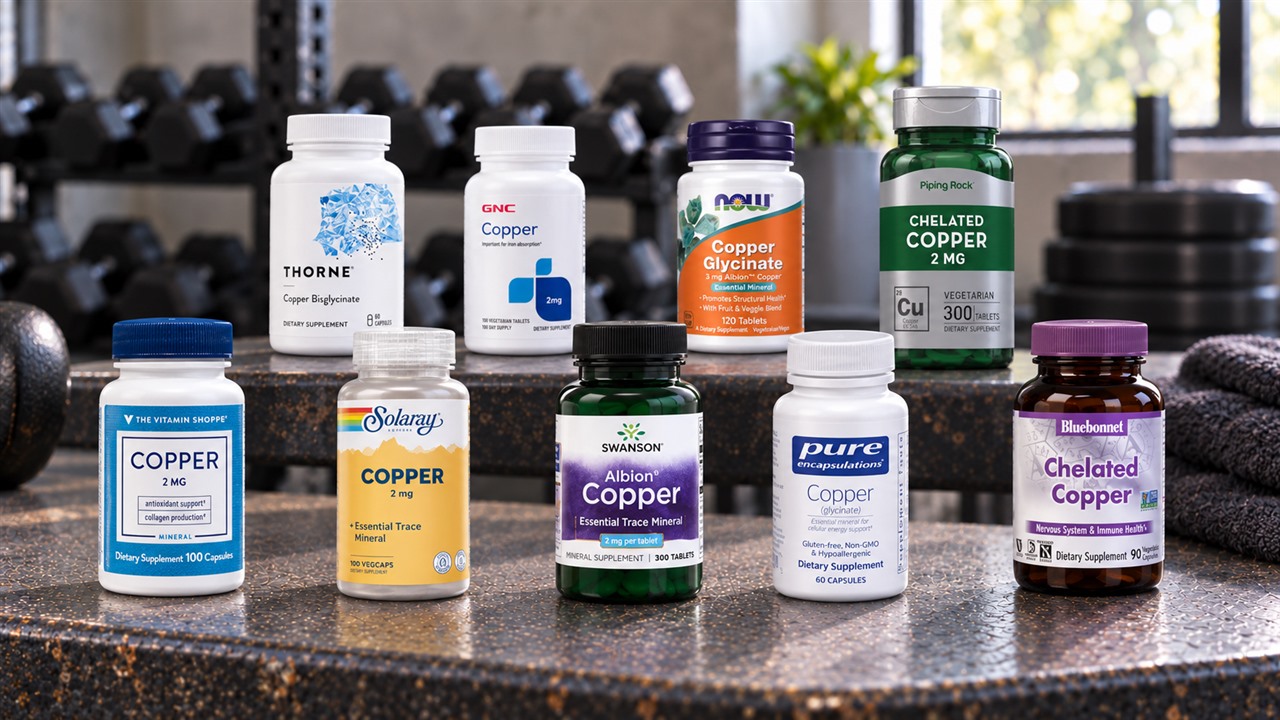 Nine copper supplement bottles arranged on a metal workout bench.
