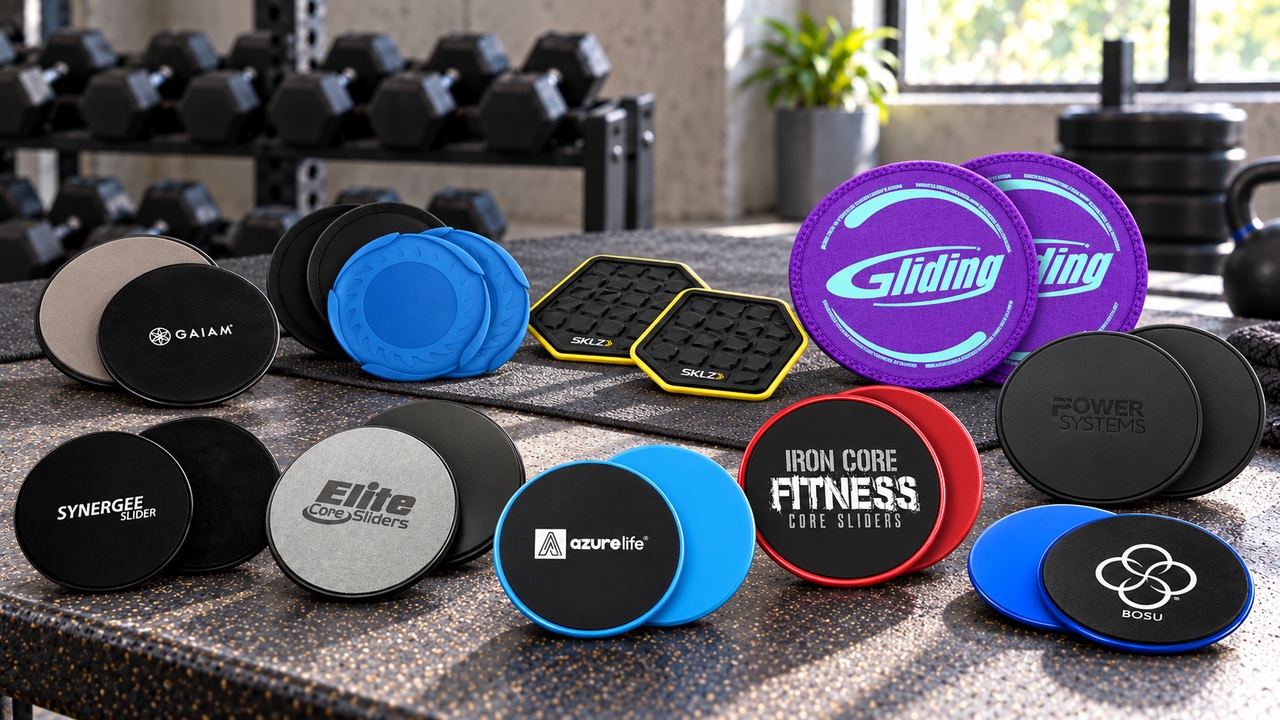 Ten exercise slider models arranged on a gym bench, including round discs, covered pairs and yellow-rimmed shaped platforms
