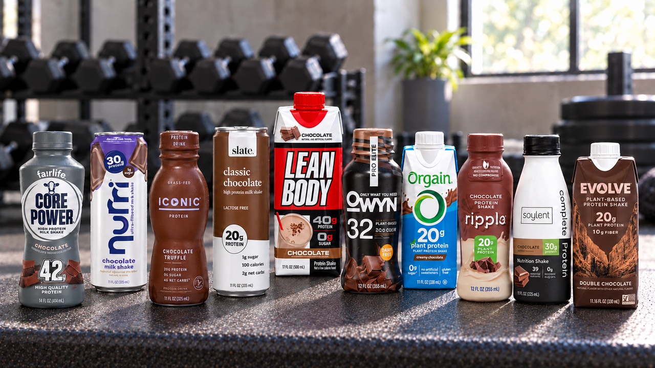 Ten chocolate protein drink containers arranged on a gym bench with brand labels facing forward