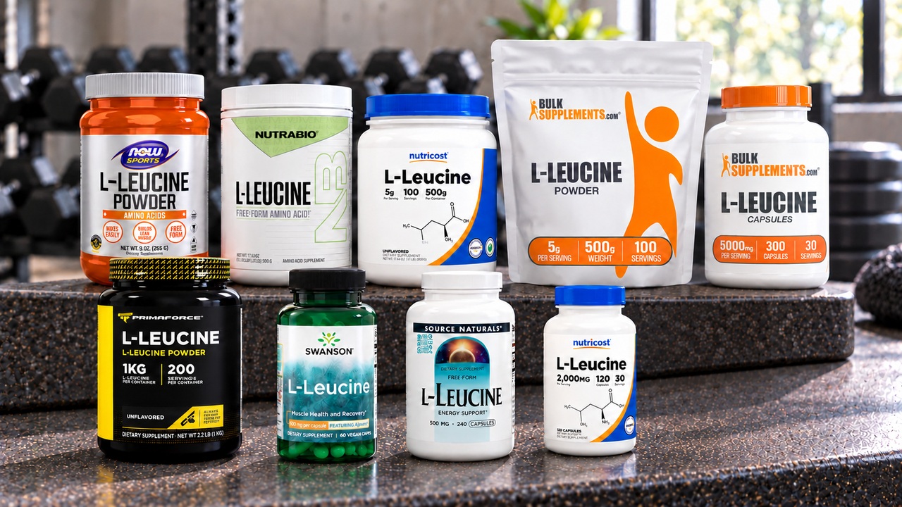 Nine leucine powder and capsule packages arranged on a gym bench with their labels facing forward