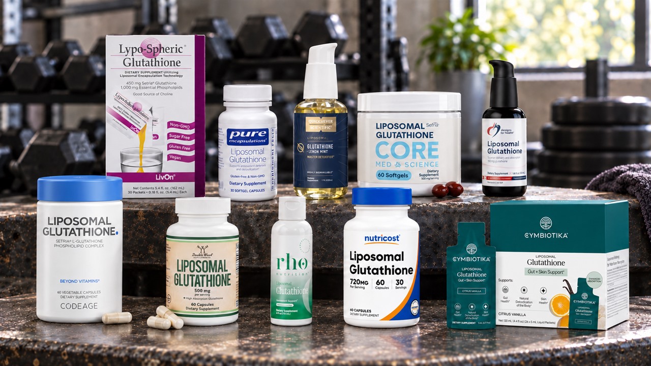 Ten liposomal glutathione supplement packages arranged on a metal workout bench.