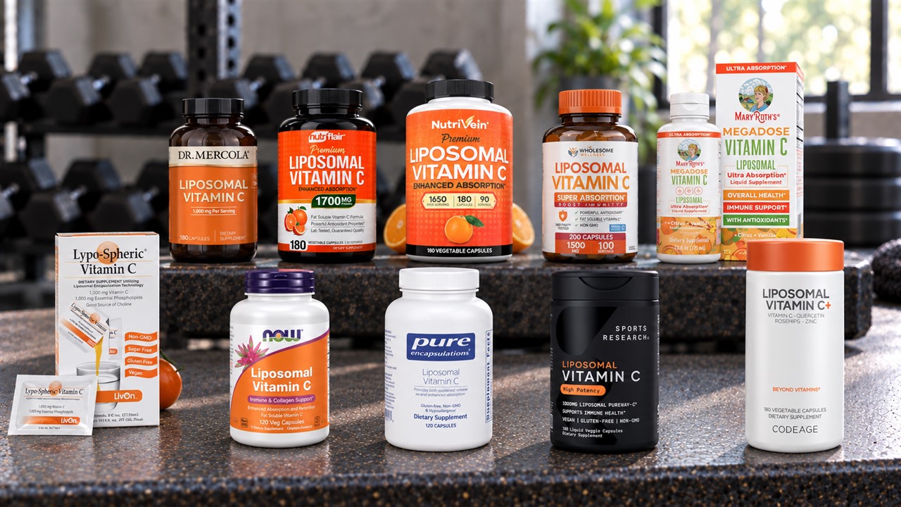 Ten liposomal vitamin C supplement packages arranged on a metal workout bench.