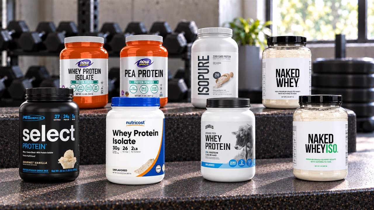 Eight low-carb protein powder packages arranged on a gym bench with their front labels visible