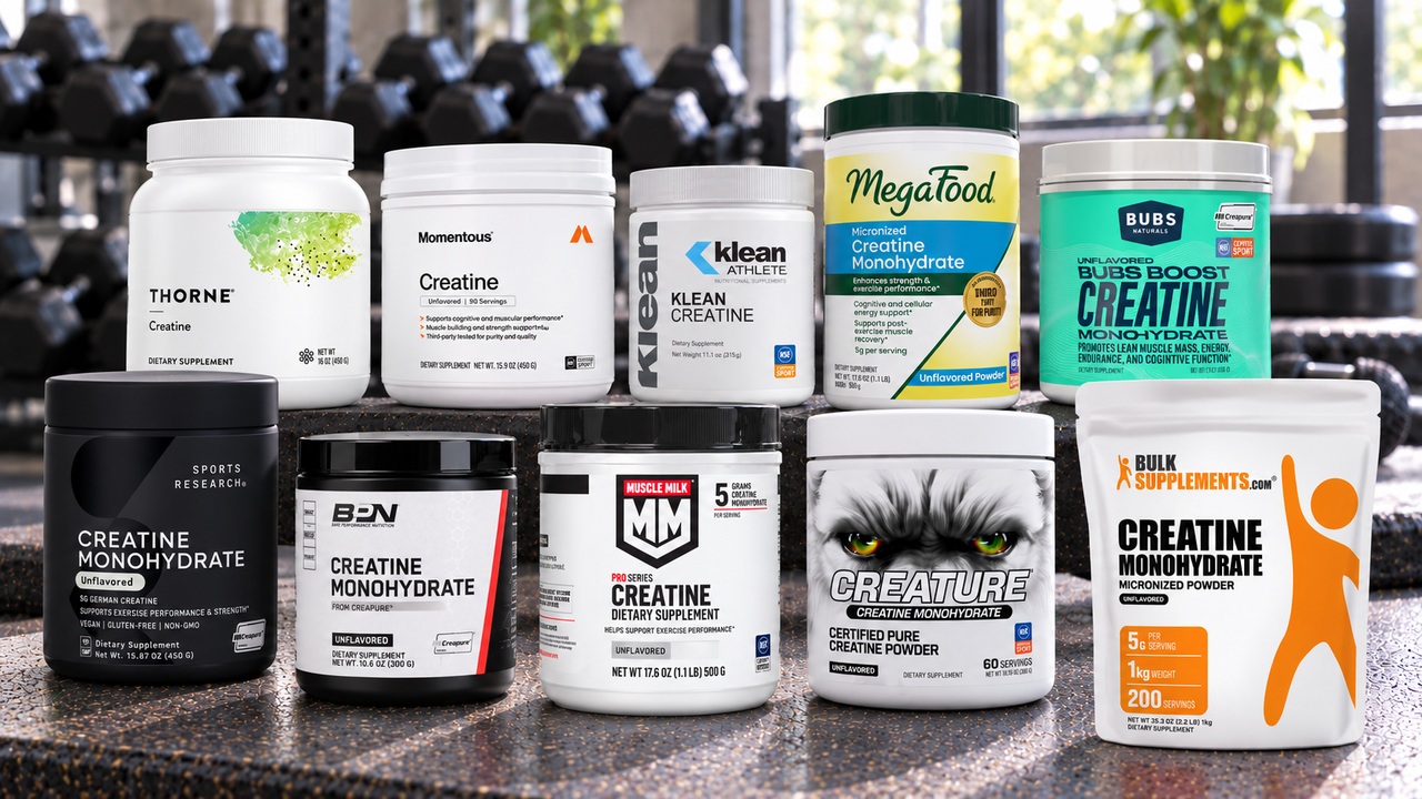Ten unflavored creatine powder packages with visible brand labels on a gym bench