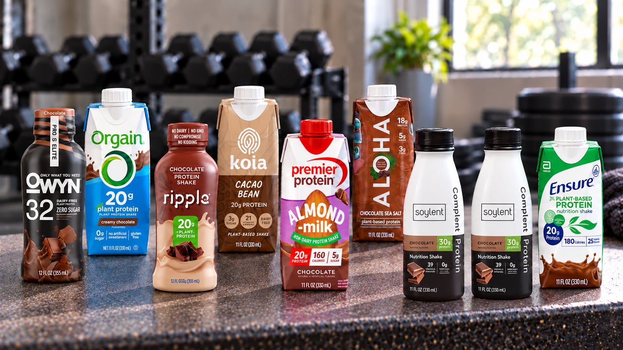Eight plant-based protein shake products with visible labels on a gym bench