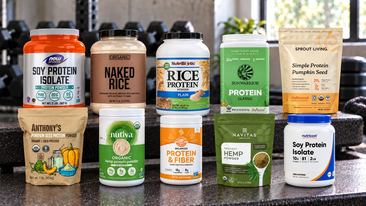 Ten soy, rice, hemp and pumpkin protein packages with labels facing forward on a gym bench