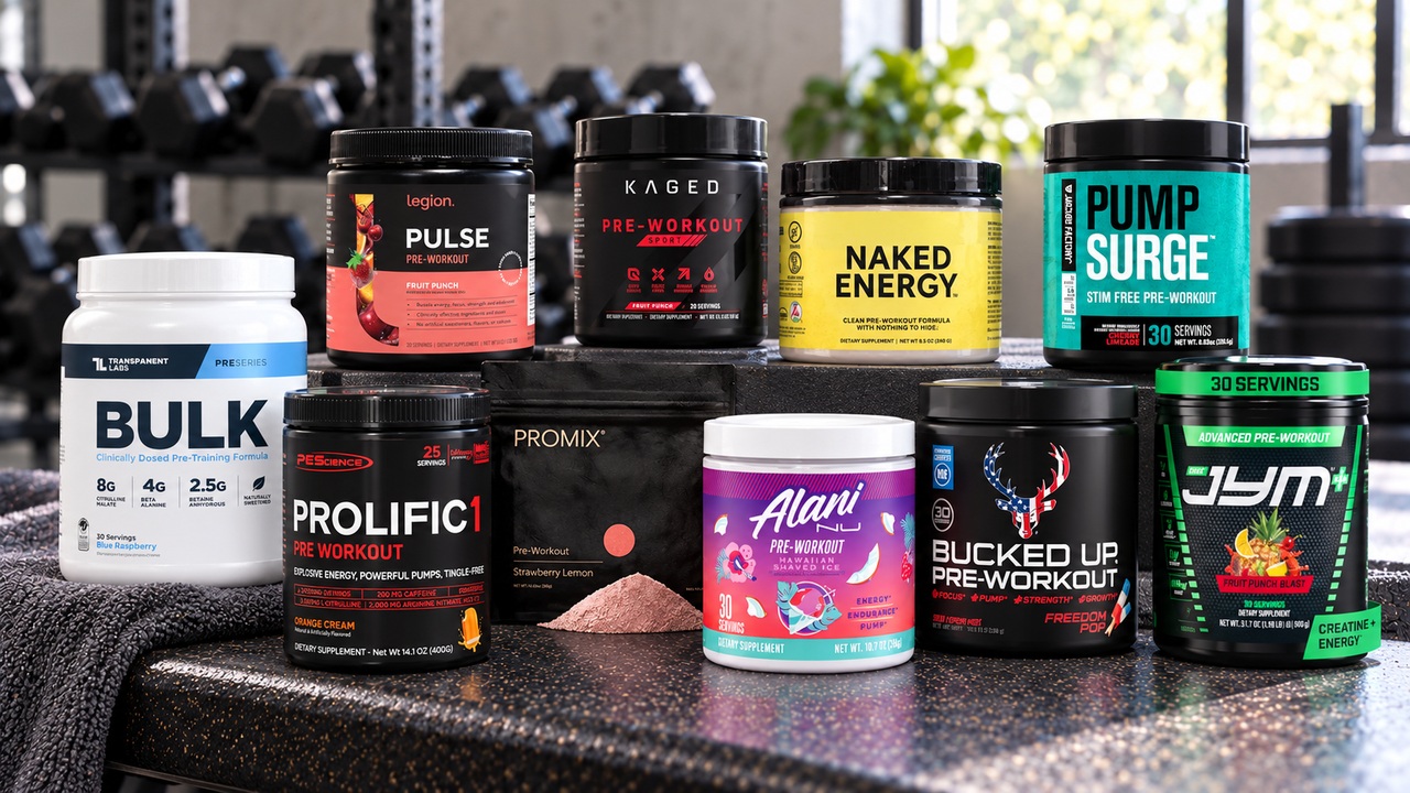 Ten selected pre-workout packages arranged on a gym bench with their exact flavor labels facing forward