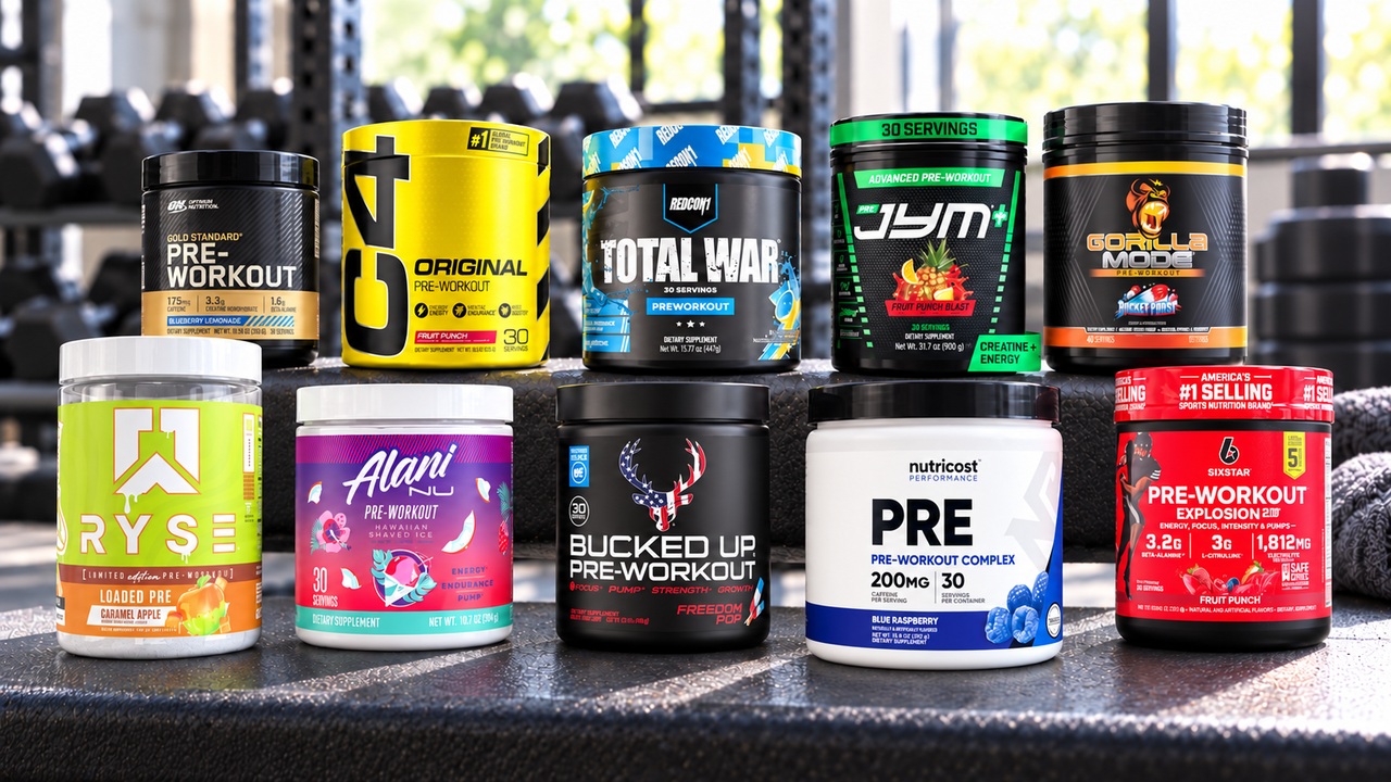 Ten pre-workout tubs arranged on a gym bench with exact flavor labels facing forward