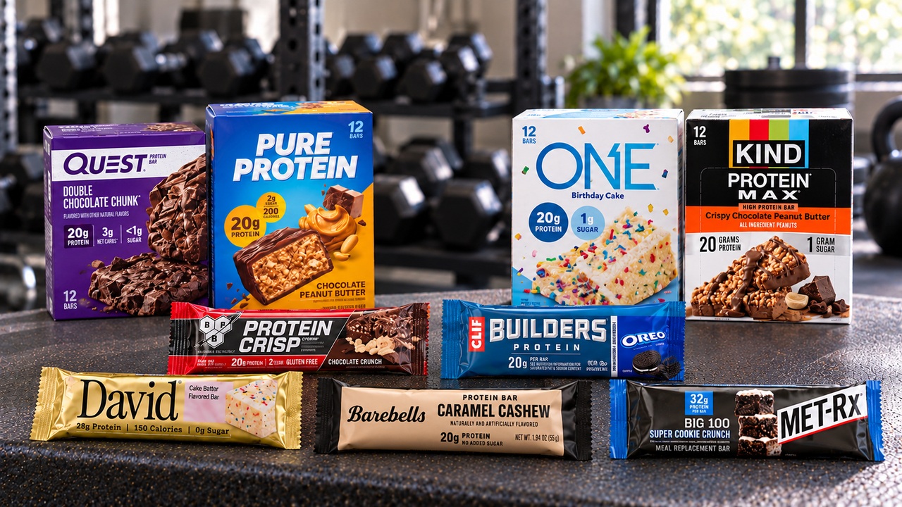 Nine protein bar brands with visible flavor labels arranged on a gym bench